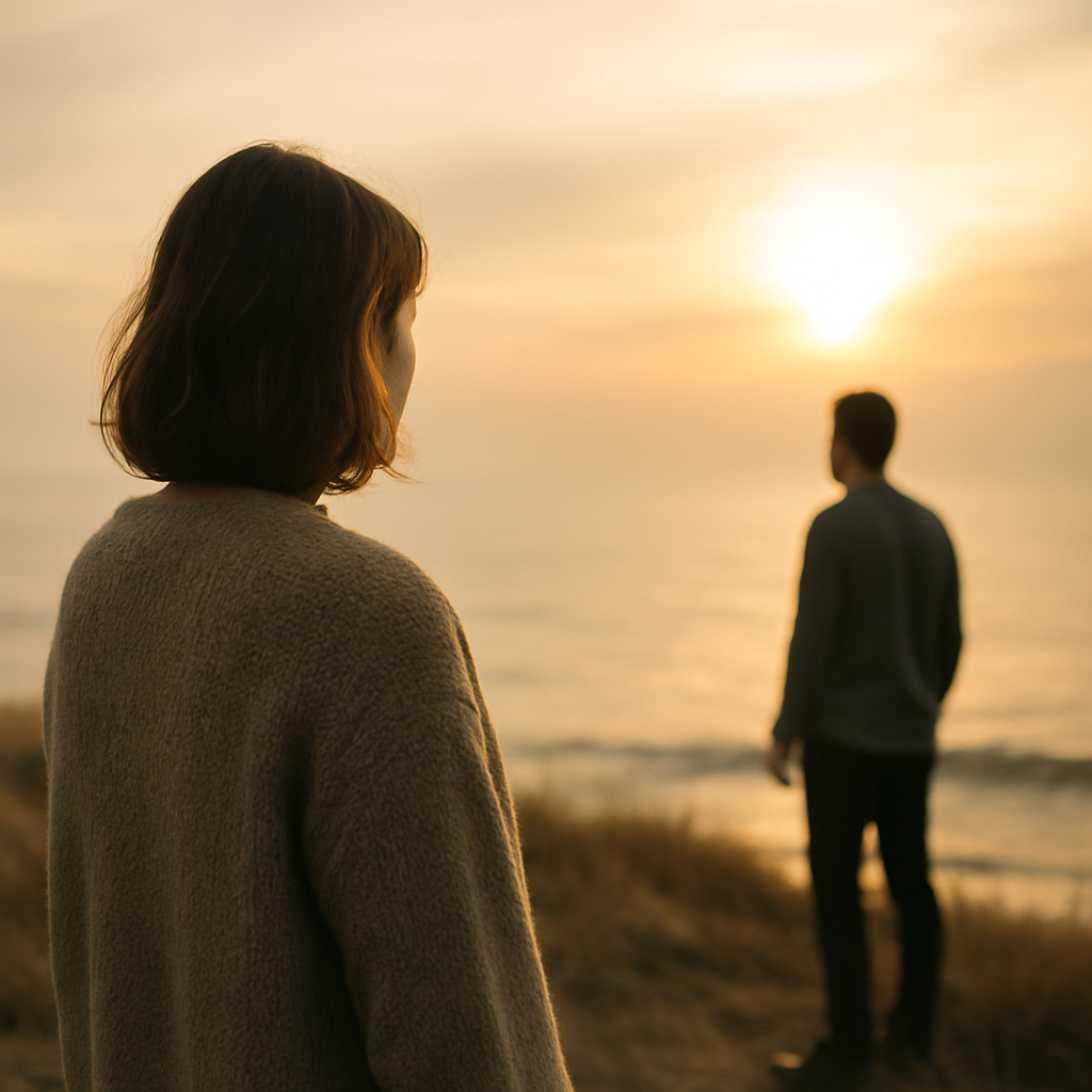 Two figures at the shoreline during golden hour, one standing still in the foreground and the other slightly distant, both gazing toward the ocean in silence.