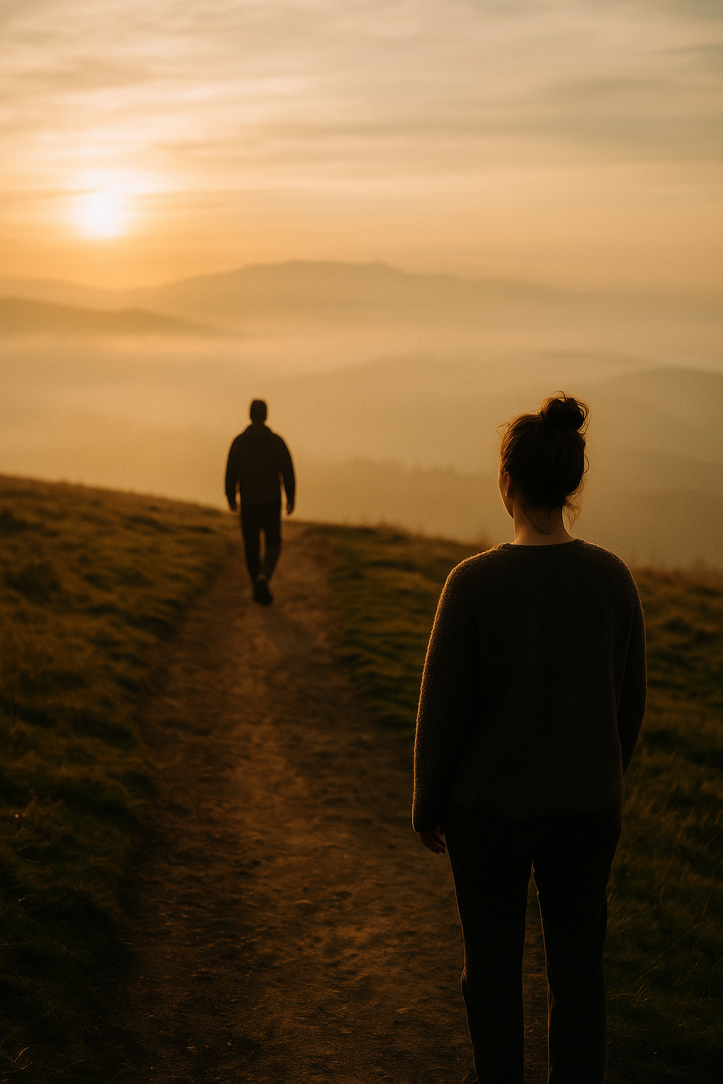A woman stands still on a dirt path as the sun sets behind distant hills. Ahead of her, a man walks alone into the golden light, his back to the camera. The moment feels suspended, as if already remembered. Their positions are distant, but the field between them is steady. Stillness and movement coexist.