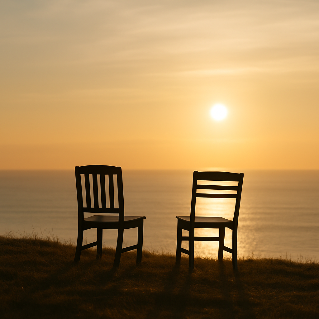 Two wooden chairs sit quietly on a grassy hill overlooking a shimmering ocean at sunset. The chairs are slightly mismatched, yet aligned in position, angled gently toward one another without touching. Warm golden light fills the space between them, evoking a deep sense of presence, safety, and unspoken connection. The stillness is palpable, love, without motion.