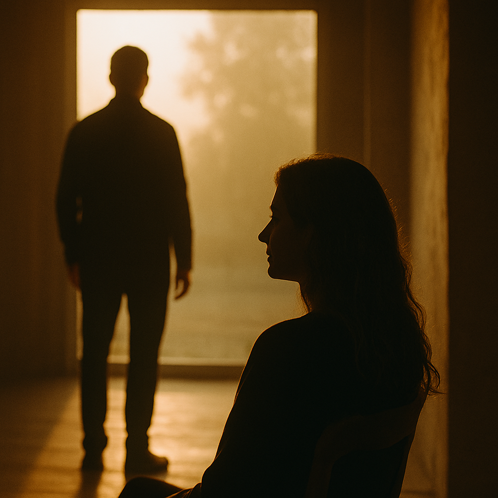 A golden-lit room frames two quiet figures in silhouette. A woman sits calmly in the foreground, her profile illuminated by the soft light of the sun pouring through a large window. In the background, a man stands silently, facing outward. Their distance suggests space, but the light between them reveals connection. There is no action. Only presence. The moment feels reverent, as if nothing needs to be proven.