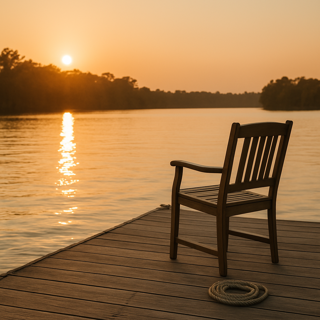 A single wooden chair sits at the edge of a quiet dock, facing a golden sunset over still river water. A coiled rope rests beside it, undisturbed. No people appear, yet the scene is undeniably held. The chair isn’t waiting. It’s anchoring. The light, the water, the silence, all carry the presence of someone who never left, even if they were never seen.