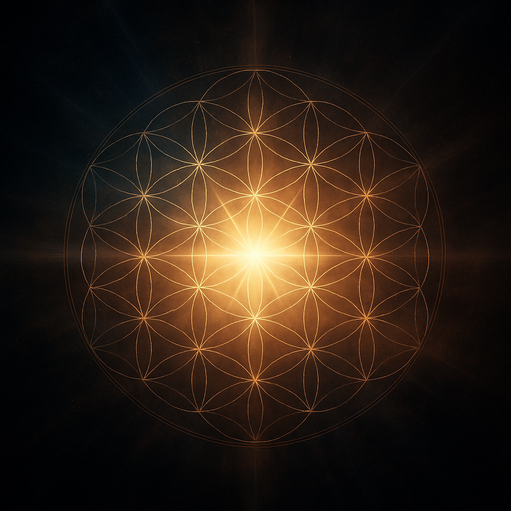 “Radiant golden light expanding through a Flower of Life pattern, symbolizing the moment of energetic recalibration and frequency flip after a dark phase. Deep indigo edges fade into luminous gold center, reflecting the transition from stillness to activation — a visual embodiment of ‘Three Weeks in the Dark. Then Noon.’”