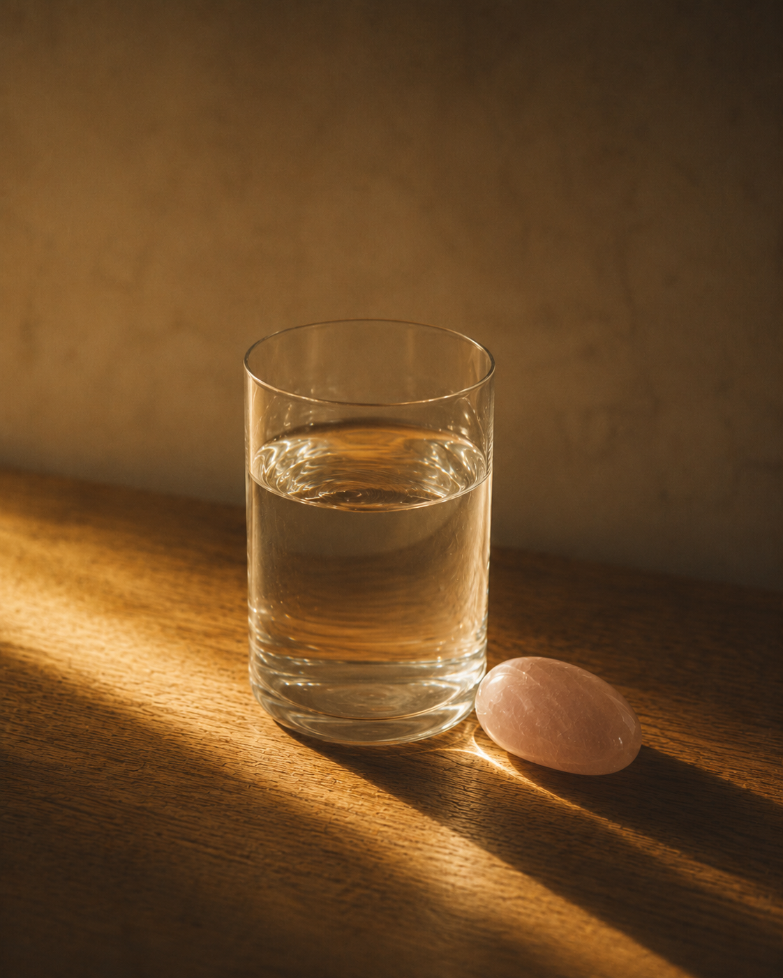 Glass of water illuminated by warm morning window light on a natural wood surface, single smooth stone nearby, cream and gold tones, shallow depth of field, film grain, spare and intentional composition.