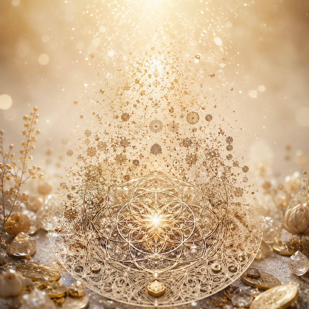 Sacred geometry and golden light representing abundance frequency alignment and breaking the scarcity loop