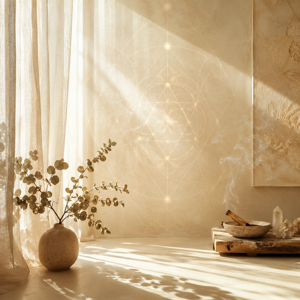 Morning light in a cleared and energetically aligned living space representing home frequency and space clearing
