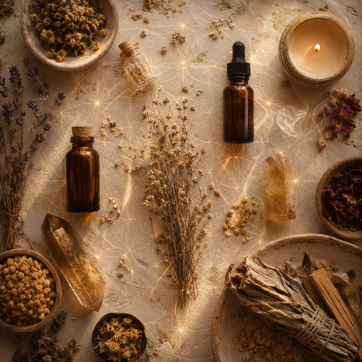 Intentional apothecary ritual elements including botanicals and sacred tools representing frequency aligned self care practice