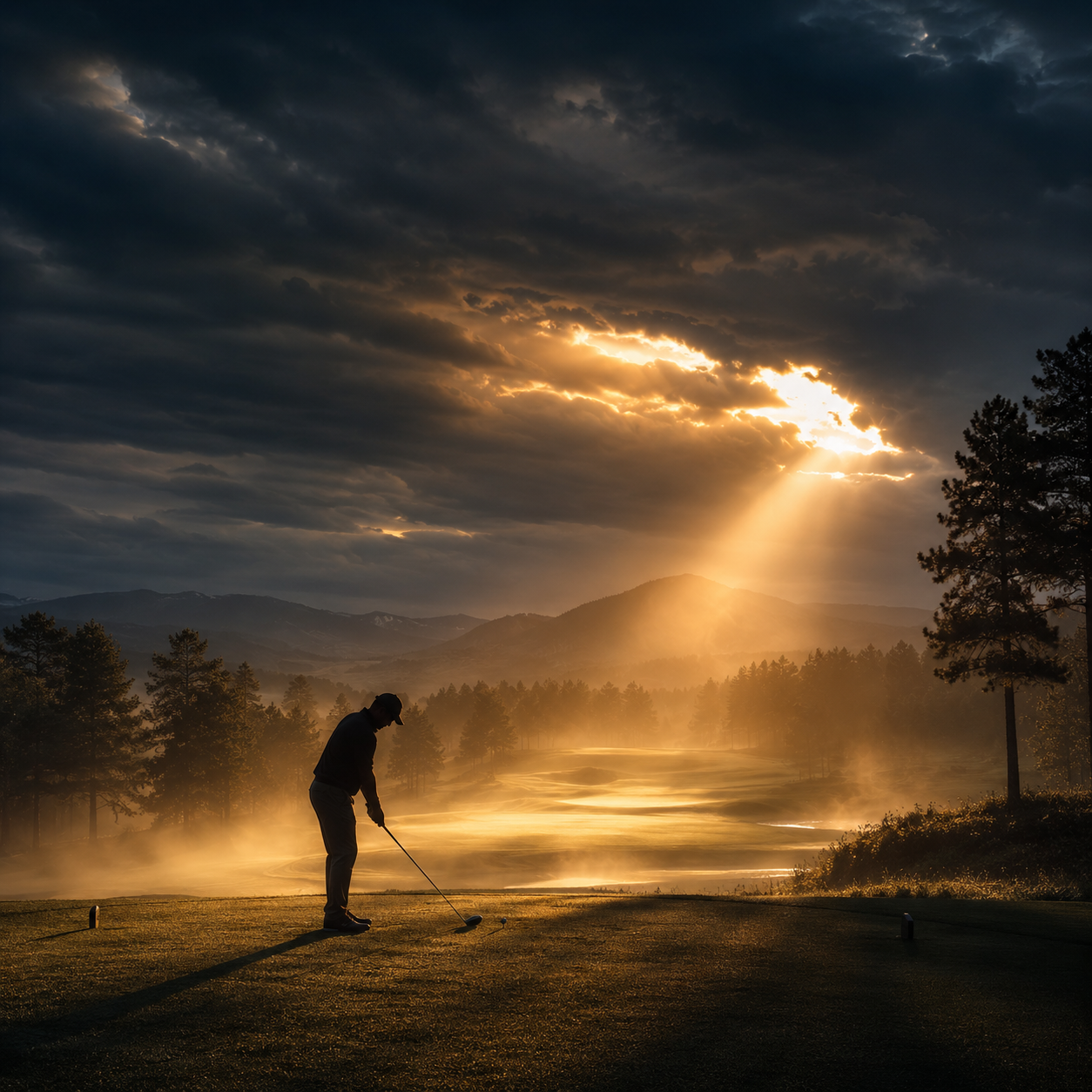 Golfer silhouette at dawn representing the mental game of golf and achieving flow state performance on the course.