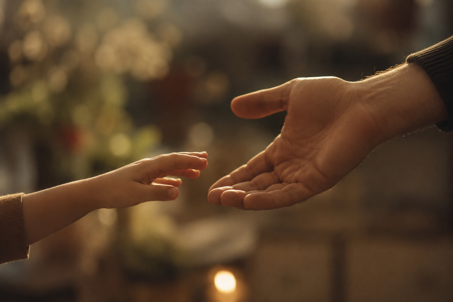 Two hands in soft light representing a parent holding space for a child, conscious parenting and family frequency field.
