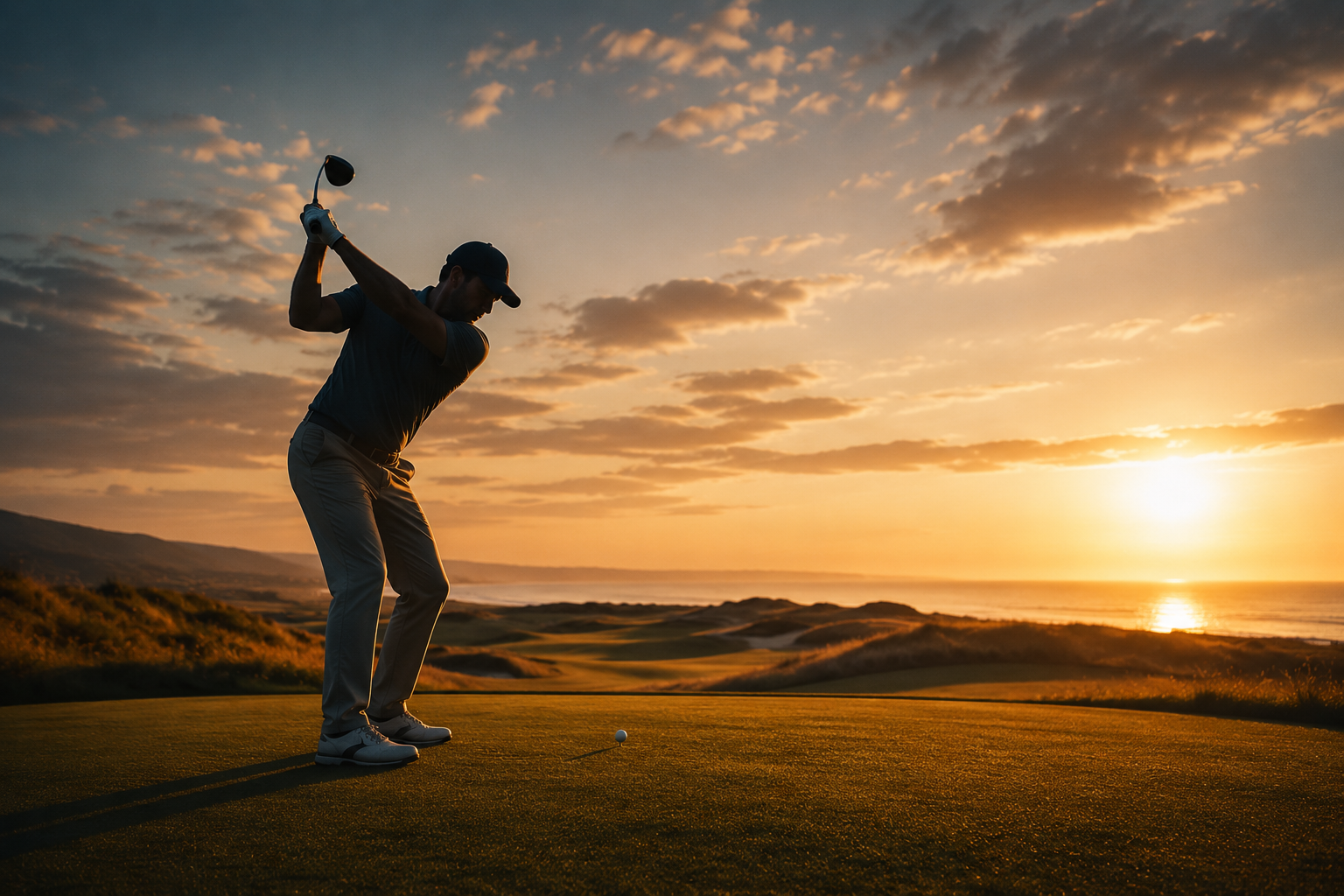 Golfer at top of backswing at golden hour representing flow state, mental performance and access in golf.
