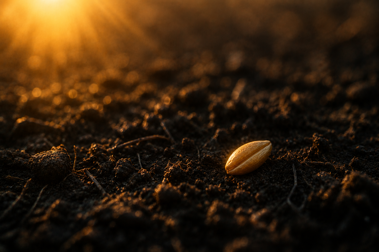 A single golden seed resting in dark soil with warm amber morning light breaking across the surface, evoking latent abundance and quiet readiness.