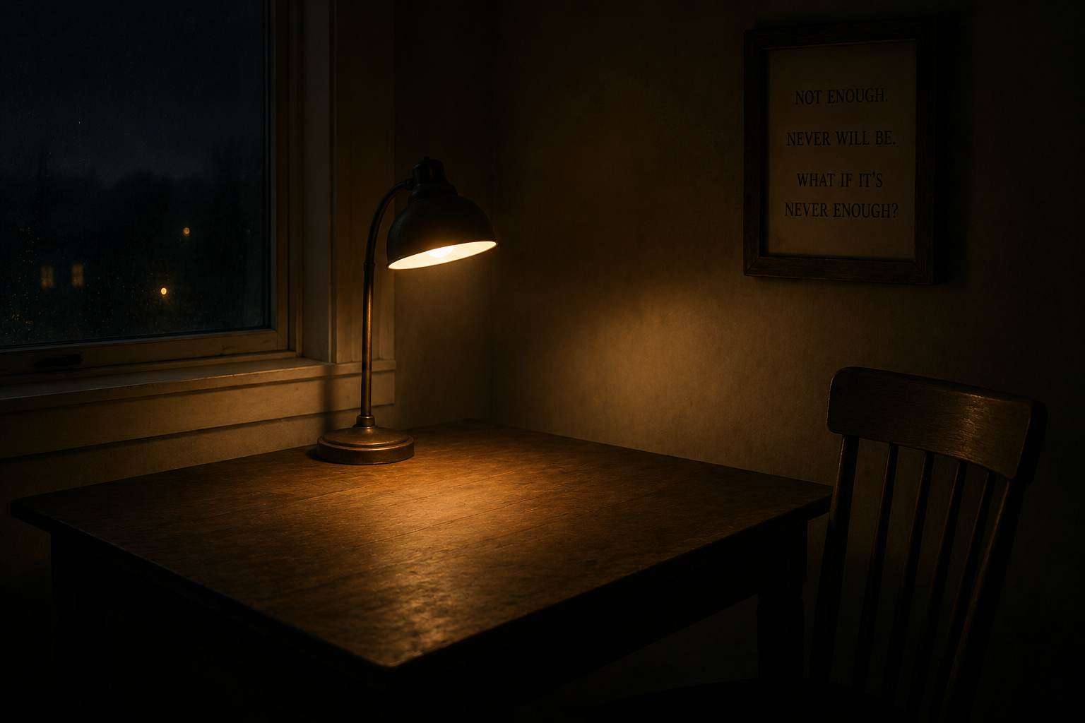 Dimly lit interior with a single lamp casting warm light on an empty table, representing the scarcity mindset and the quiet anxiety of financial lack.