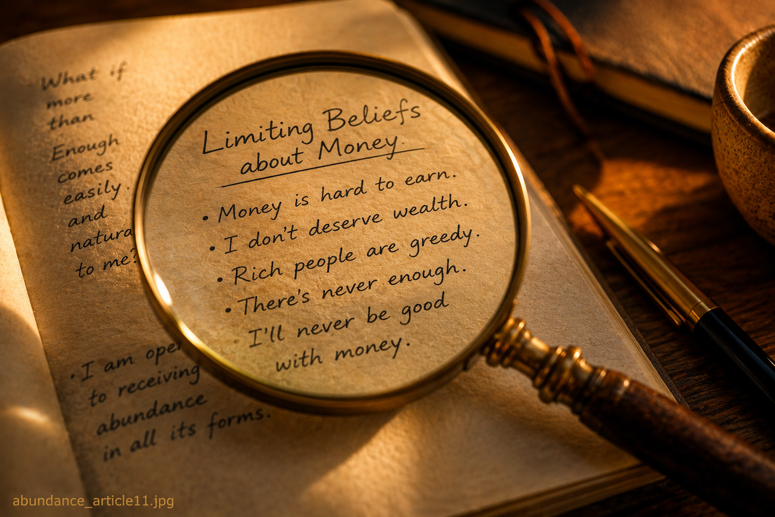 A magnifying glass resting on a handwritten page in warm light, representing the process of finding and examining limiting beliefs about money.