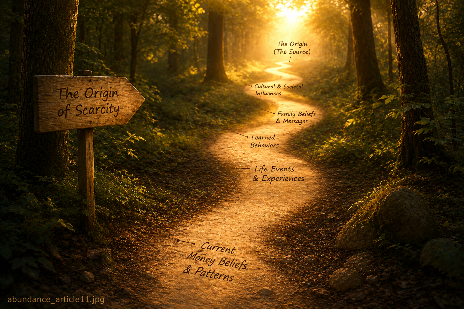 A winding path through forest light representing the process of tracing a scarcity mindset back to its origins and finding the source of the pattern.