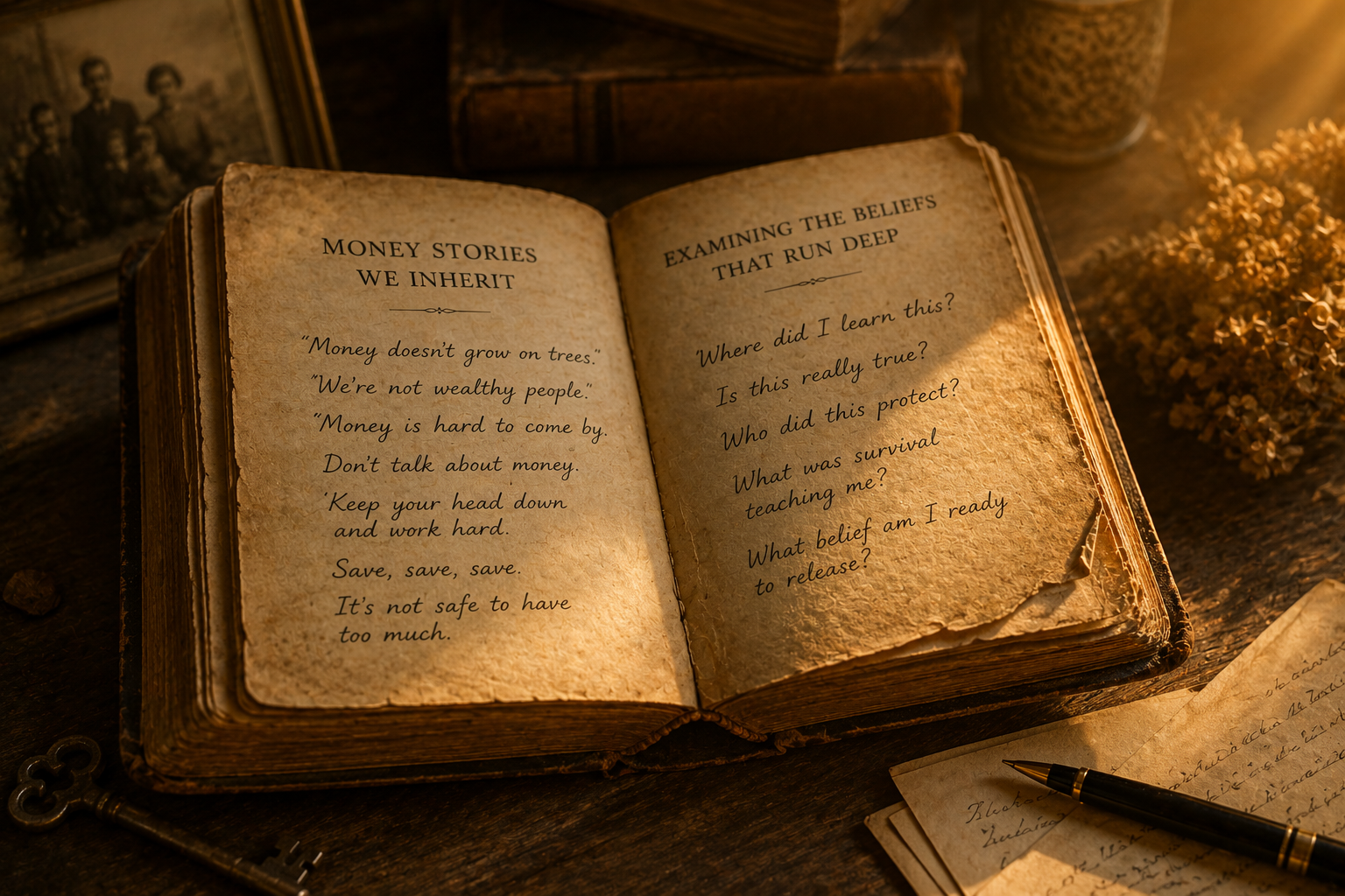 Old worn book resting open in warm light, representing inherited money stories and the work of examining beliefs that run deep.