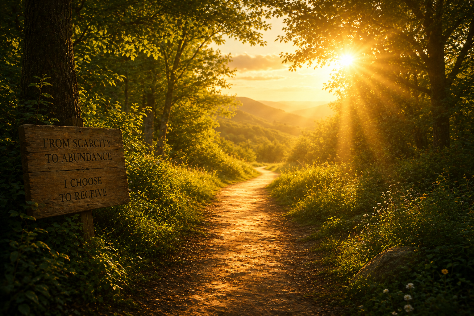 Morning light breaking through trees onto an open path, representing the shift from scarcity to abundance and the internal state that precedes financial change.
