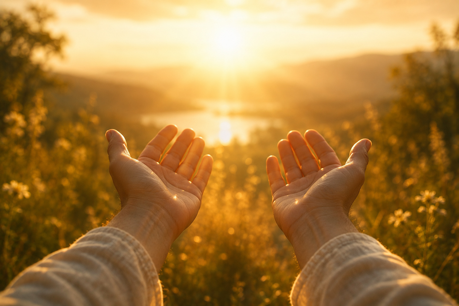 Open hands held upward in soft golden light, representing the release of scarcity and the beginning of abundance frequency recalibration.