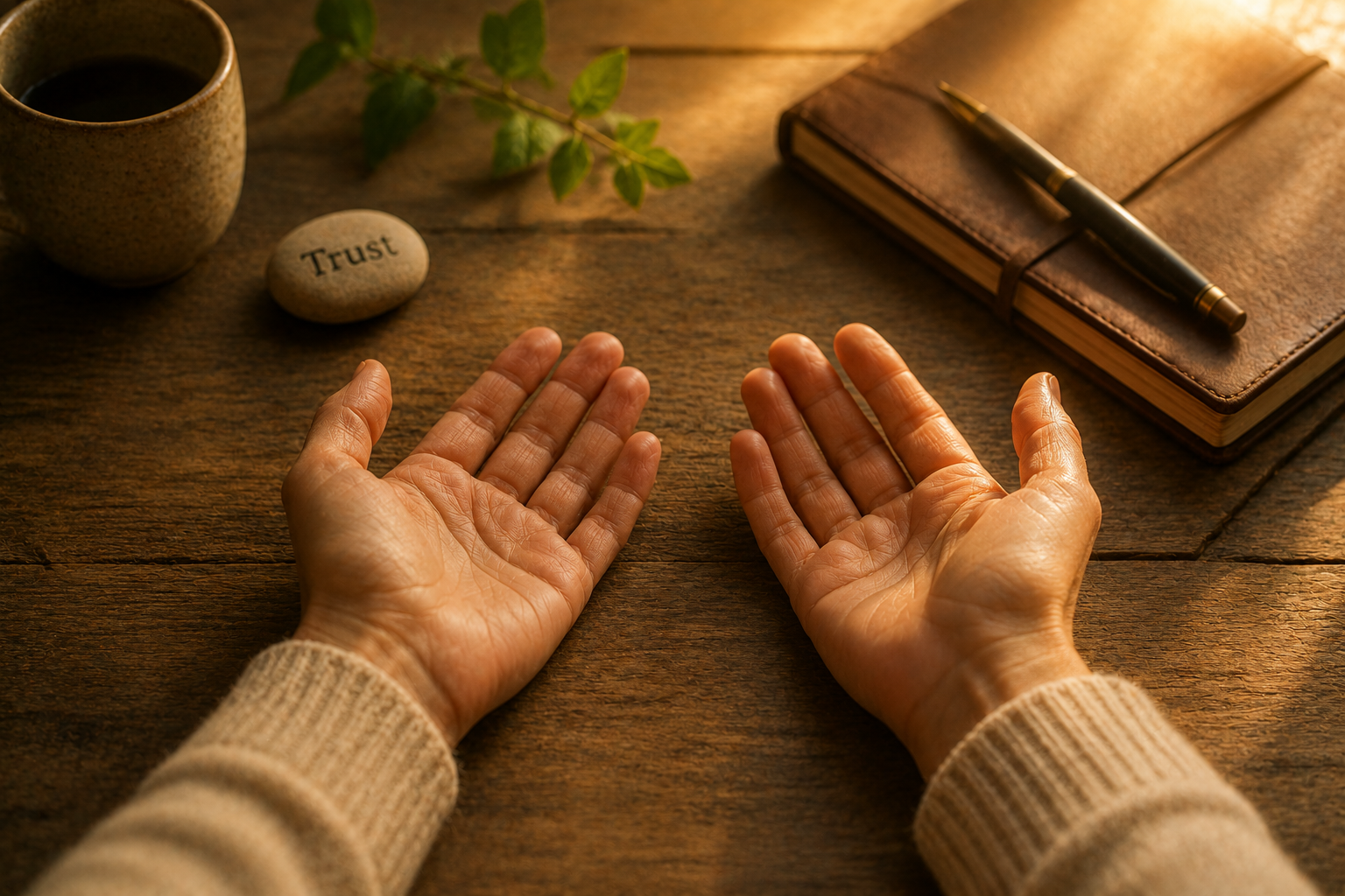 Hands resting open and still on a wooden surface in soft light, representing release of financial anxiety and the beginning of grounded money practice.