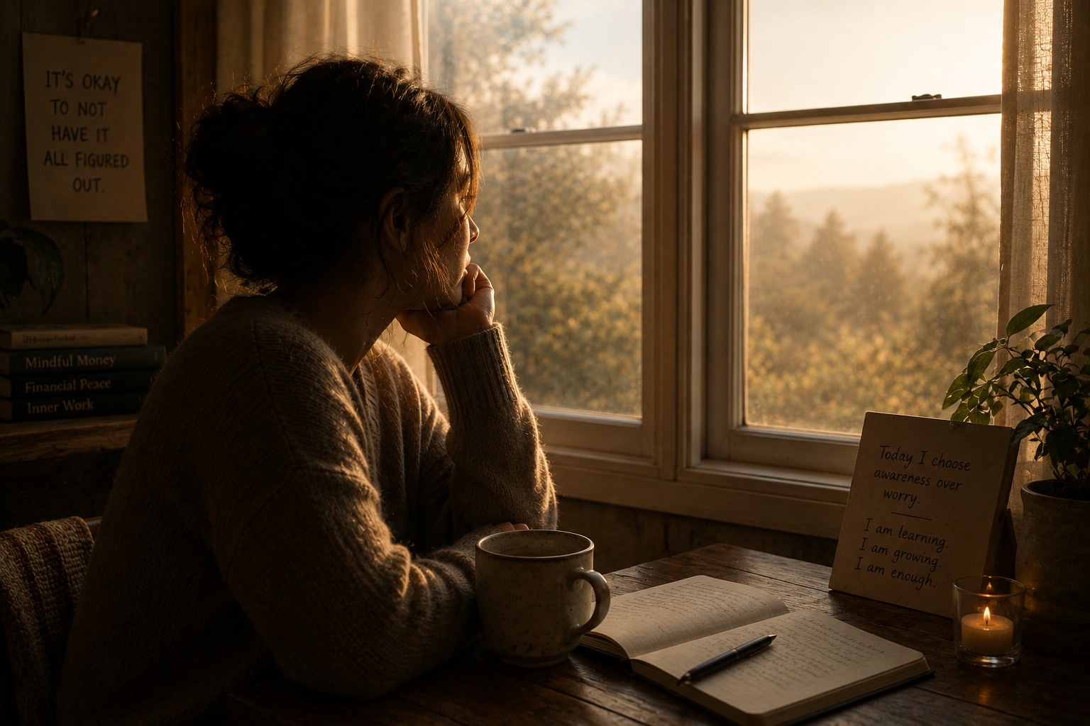 A person sitting quietly at a window in soft morning light, representing the internal experience of money anxiety and the beginning of awareness.