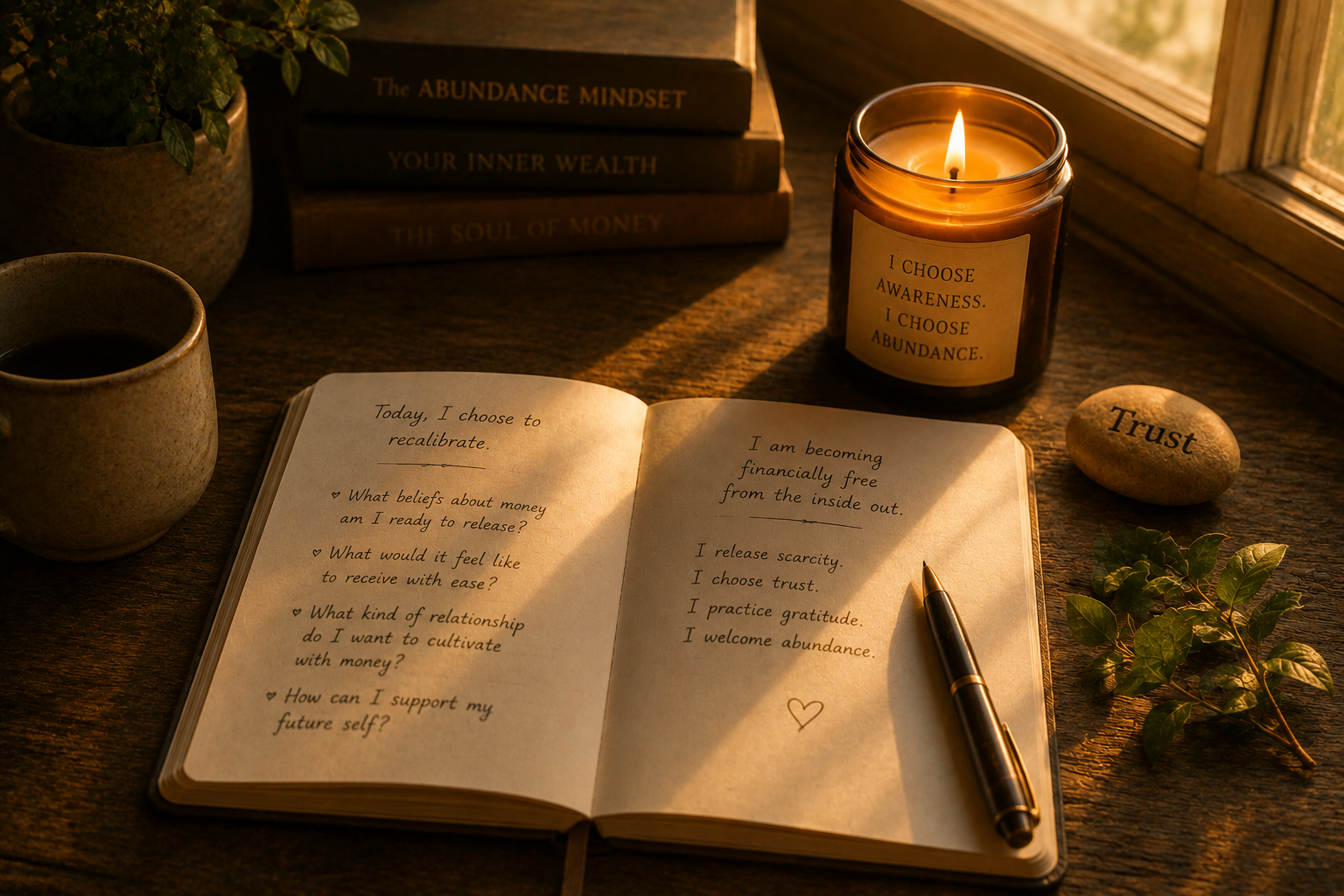Warm light falling across an open journal and a single candle, representing the beginning of money mindset work and internal recalibration.