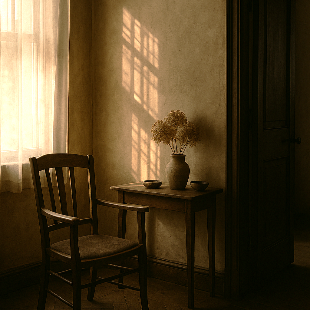 A sun-filled interior with warm morning light, linen curtains, a wooden surface holding dried botanicals, cinematic grain, dusty rose and ochre tones, quiet and still atmosphere.