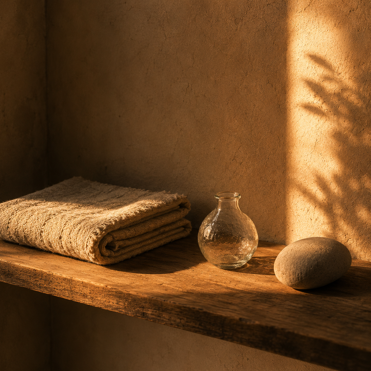 Warm afternoon light falls across a sparse wooden shelf holding a folded linen textile, a small glass vessel, and a smooth stone, creating a quiet, contemplative mood in muted amber and sand tones.