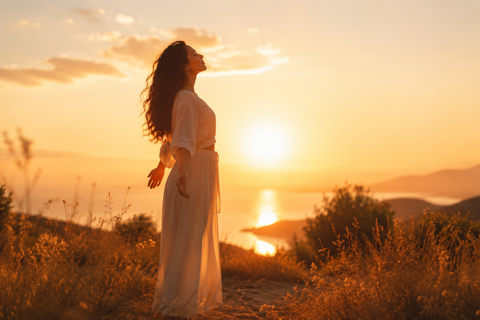 A woman standing alone at golden hour, her silhouette calm and open, soft light surrounding her, representing frequency alignment before love arrives