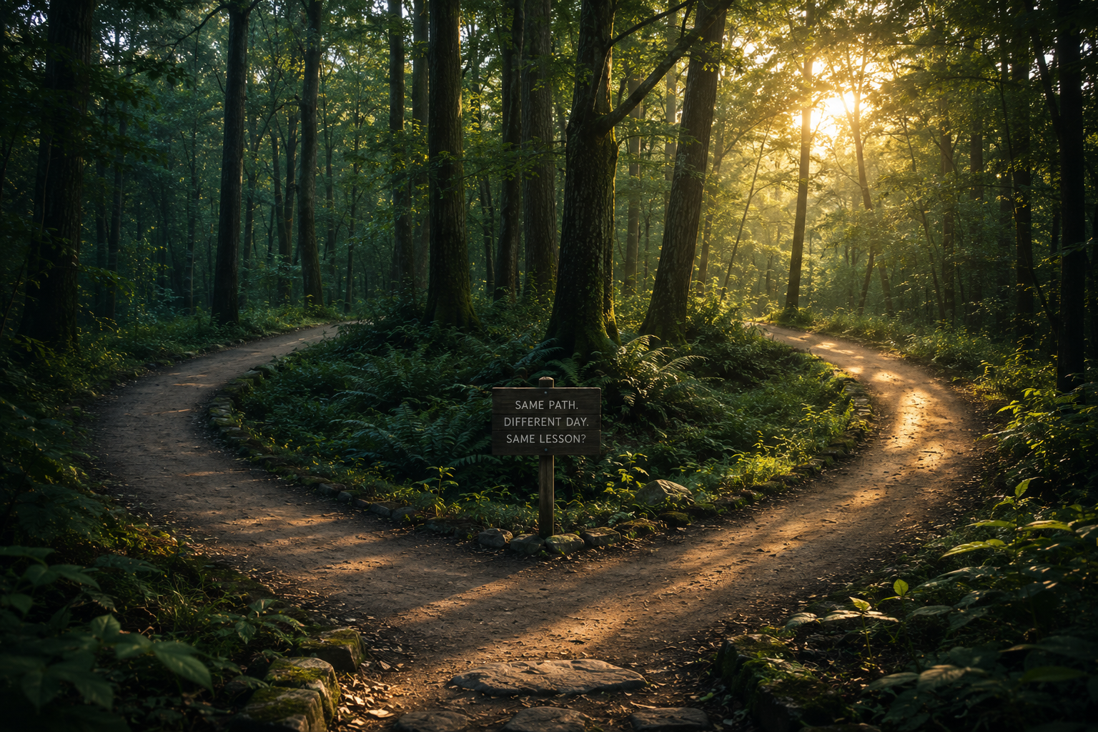 A looping path through a quiet forest that circles back to where it began, representing repeating relationship patterns and the moment of recognition