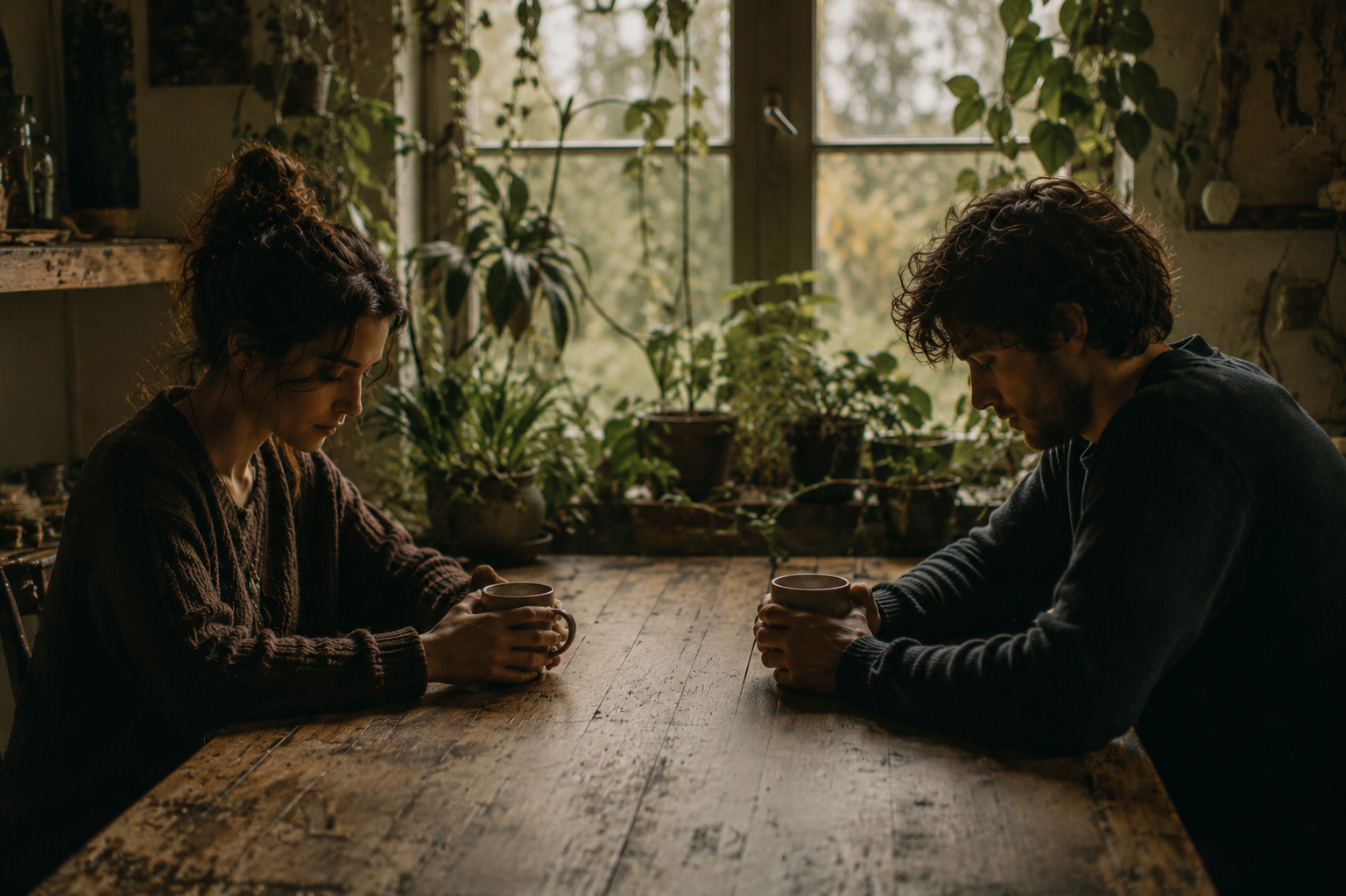 Two people sitting across from each other at a table in soft natural light, present and unhurried, representing conscious connection built on awareness rather than performance