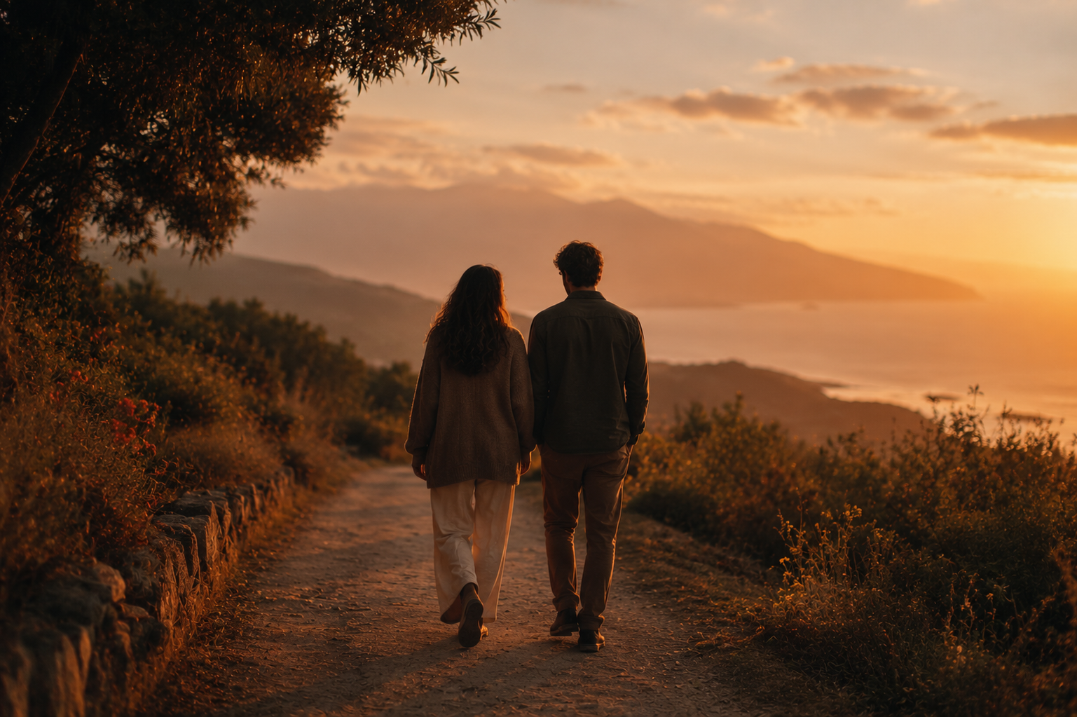Two people walking side by side on a quiet path at dusk, relaxed and unhurried, representing the ease and expansion of a frequency-matched relationship