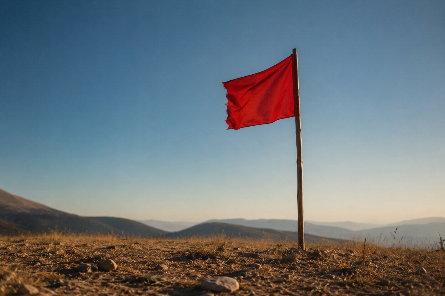 A single red flag planted in open ground under a clear sky, representing the moment a frequency mismatch becomes impossible to ignore