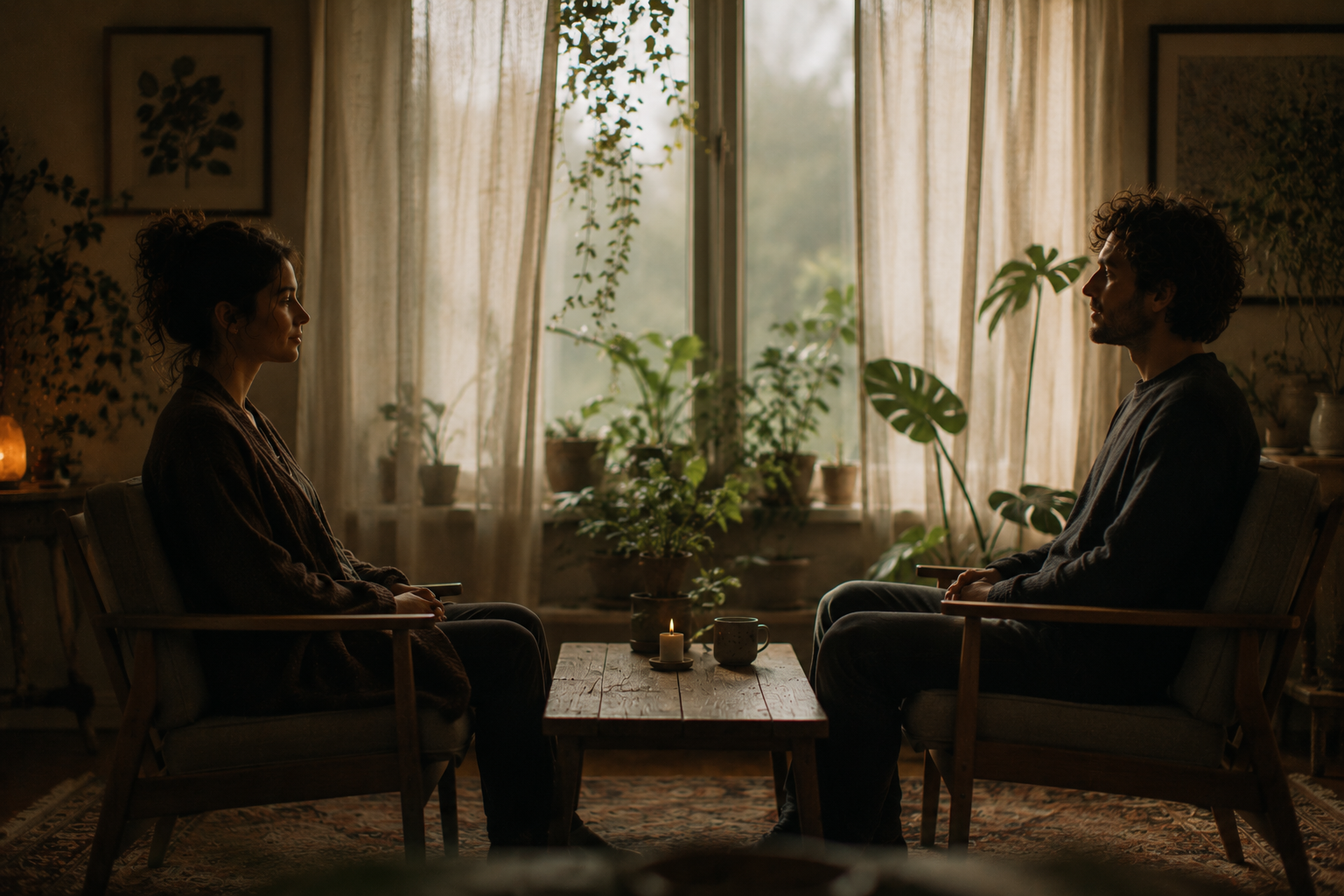 Two people seated facing each other in a quiet room, a moment of stillness between them, representing the frequency layer beneath what is spoken