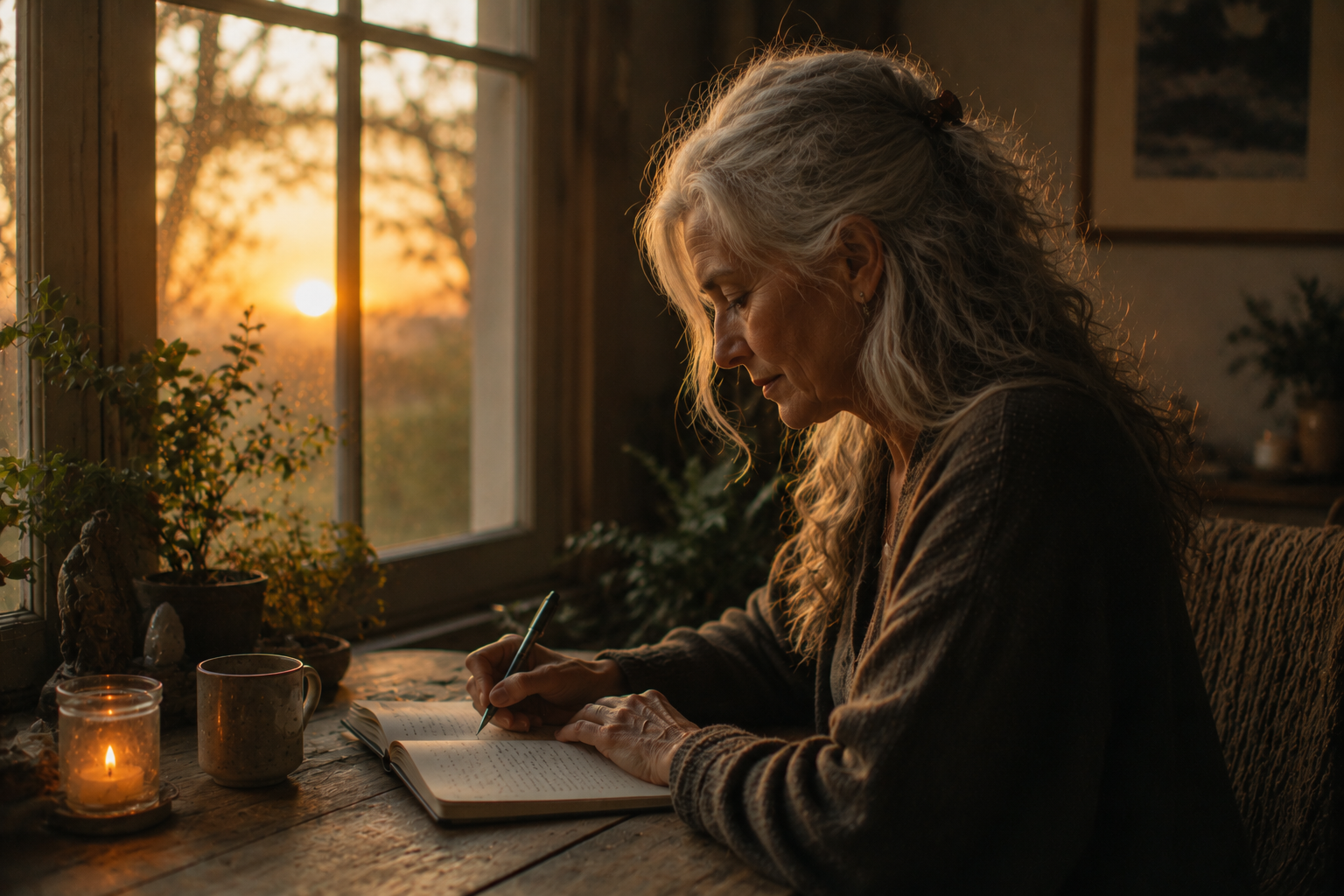 A woman writing in a journal by a window at dawn, soft light falling across the page, representing the quiet internal work of frequency alignment rather than surface-level manifestation practice