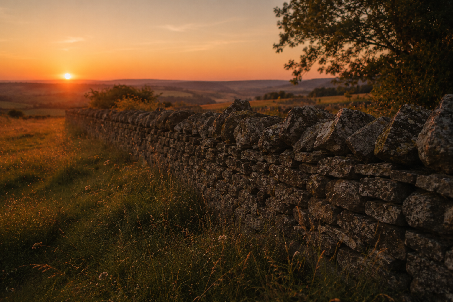A single stone wall along a quiet field at dusk, solid and unhurried, representing a boundary as frequency protection rather than aggression or control