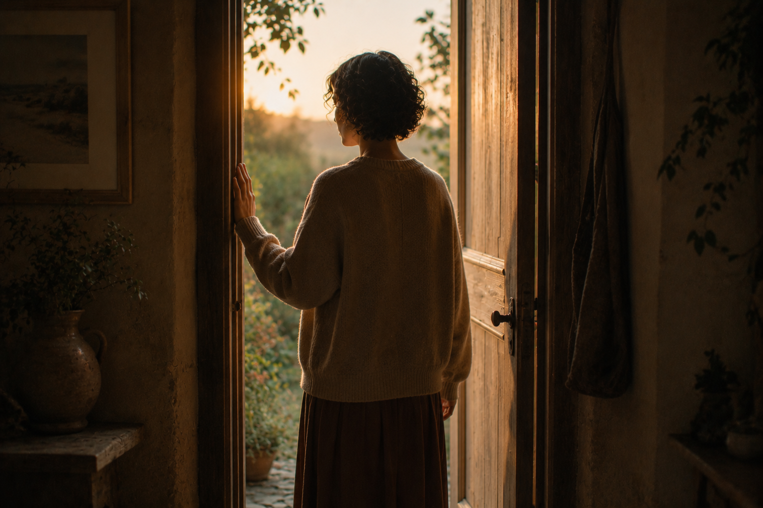 A person standing just inside a doorway, one hand on the frame, light coming from outside, representing the threshold between self-protection and the choice to let connection in