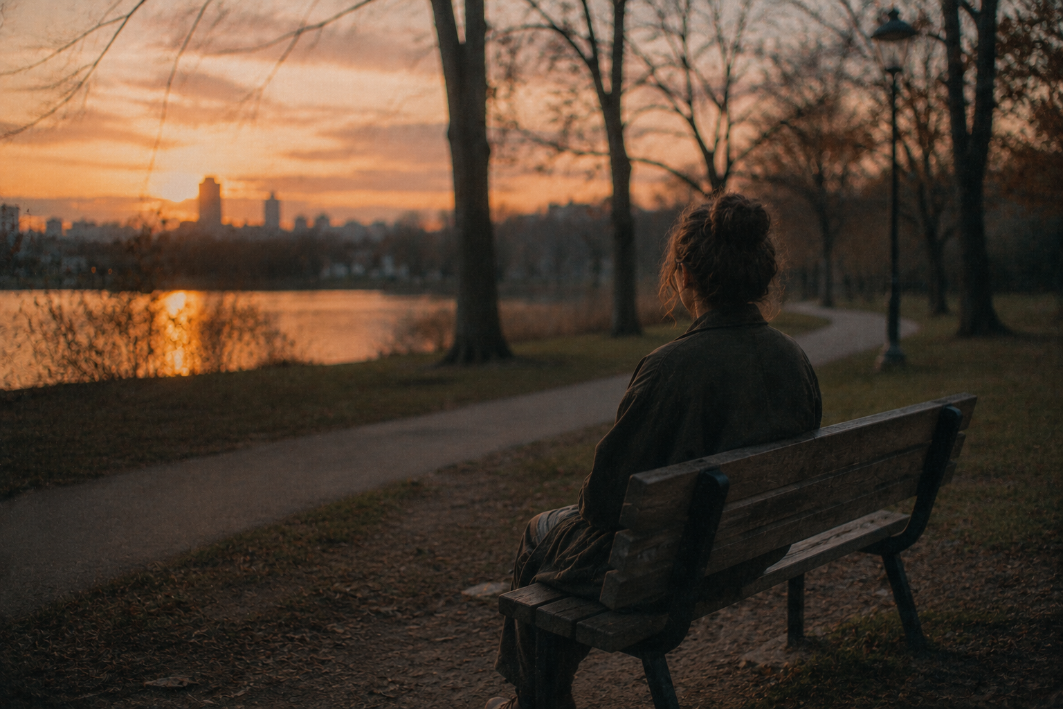 A person sitting alone on a bench in a quiet park at dusk, slightly turned away, warm fading light, film photography aesthetic, muted tones, no other people nearby