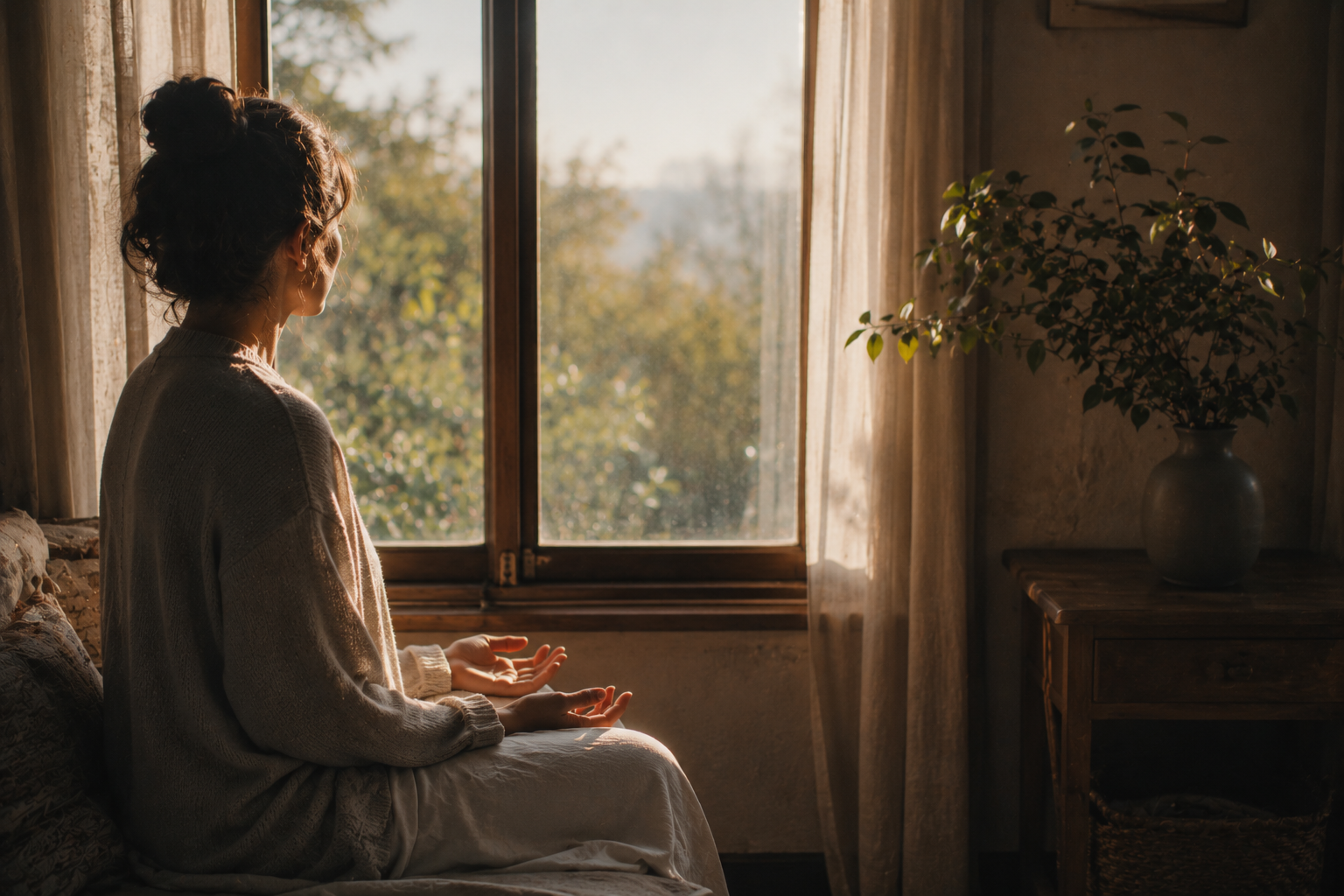 A person sitting quietly by a window in soft morning light, hands resting open, the body still and unhurried, representing the nervous system returning to its own signal