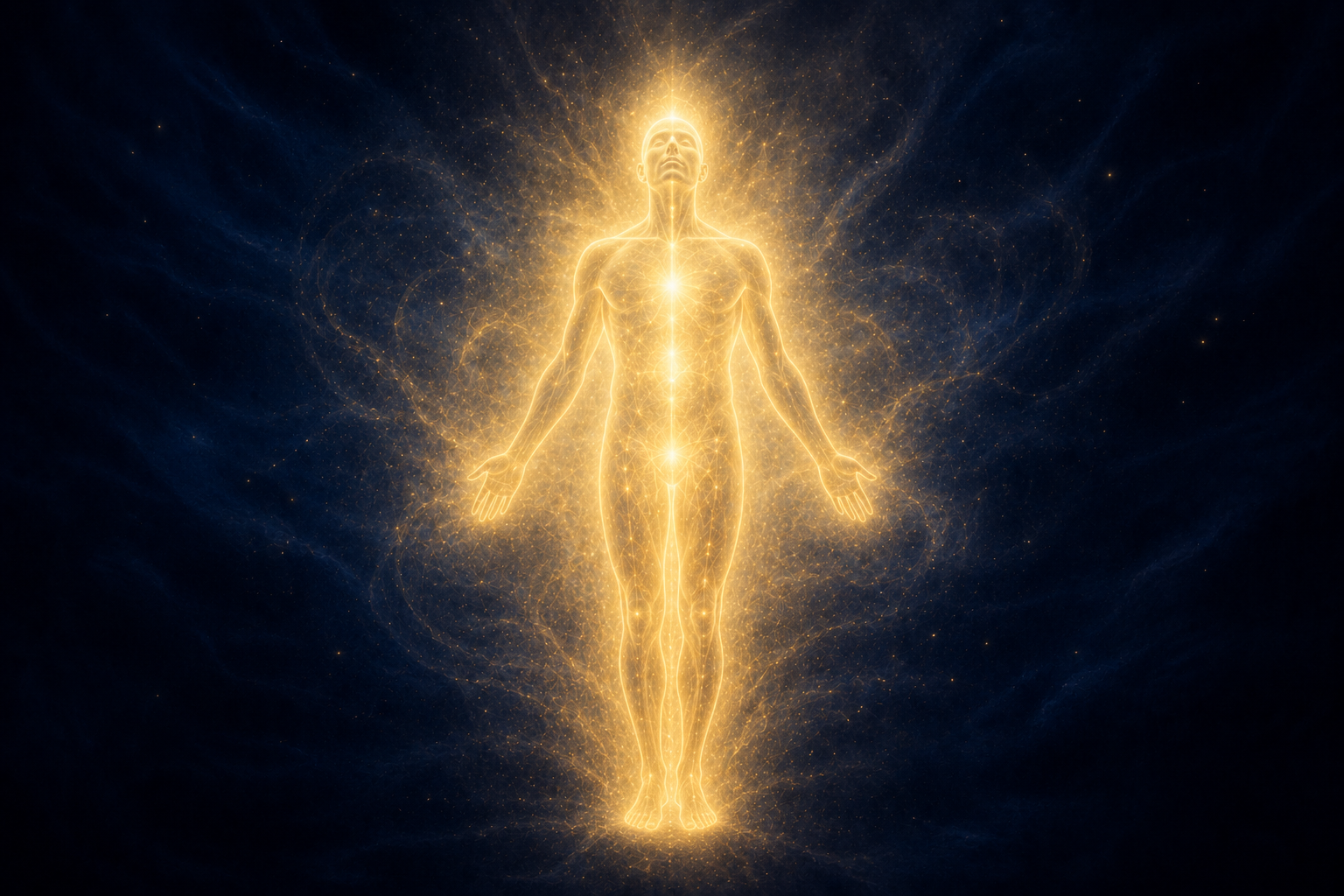 A luminous human silhouette surrounded by soft golden light against a deep navy background, representing the body processing a frequency shift during spiritual ascension