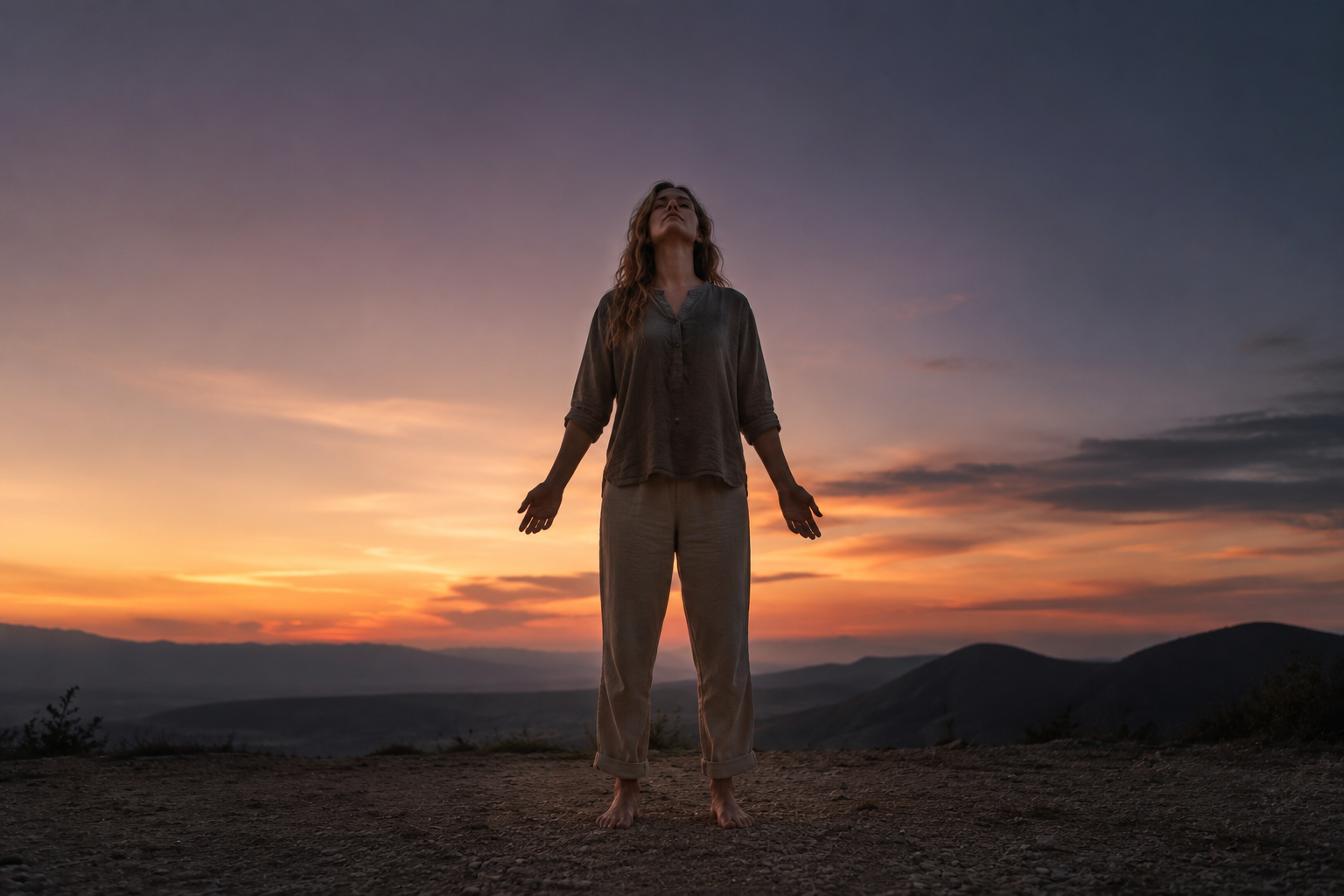 A person standing barefoot on open ground at dusk, arms relaxed at their sides, head slightly lifted, representing the body returning to its own frequency after going quiet