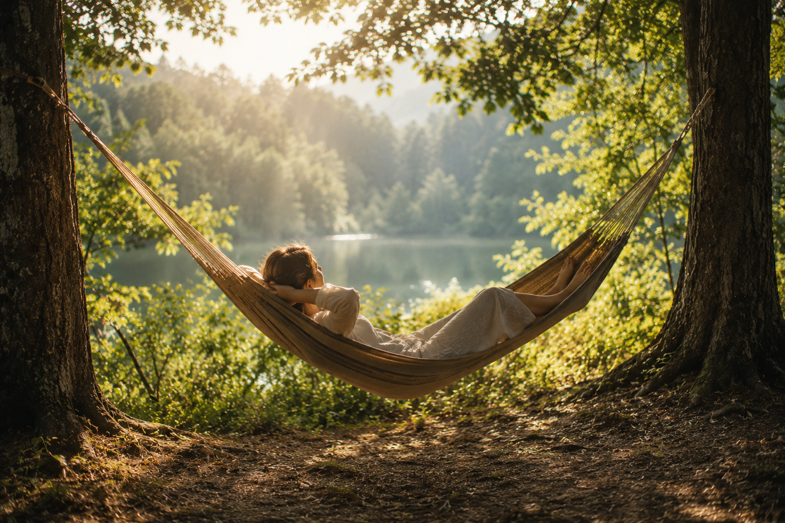A person resting in a hammock between two trees in soft filtered light, still and unhurried, representing the body beginning to restore its frequency after adrenal depletion