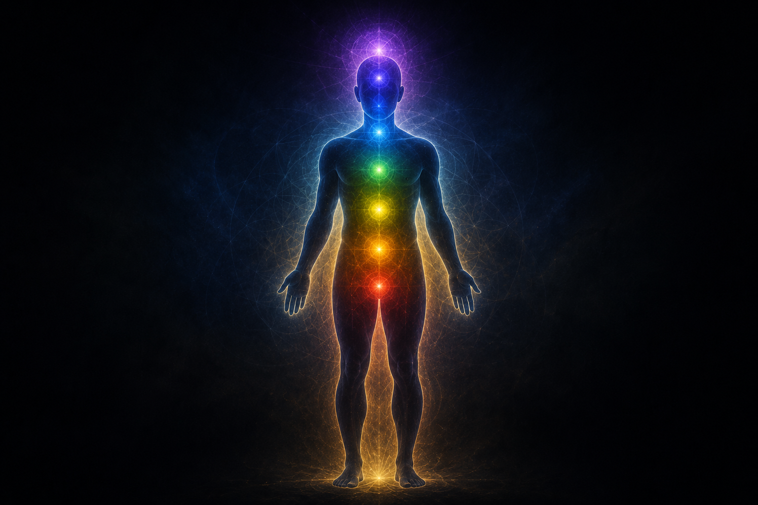 A standing human silhouette with soft colored light points along the spine from base to crown against a dark background, representing the body's energy centers as a complete frequency system
