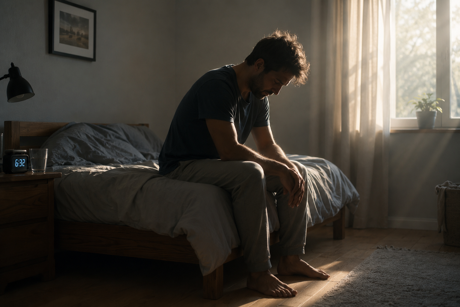 A person sitting on the edge of a bed in early morning light, head slightly bowed, representing the exhaustion that persists even after a full night of sleep