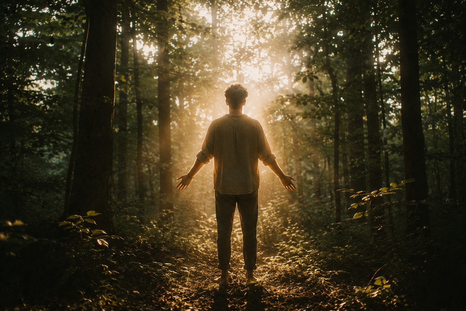 A person standing in a forest with soft light filtering through the trees, arms slightly away from the body, a faint warm glow surrounding them, grounded and present