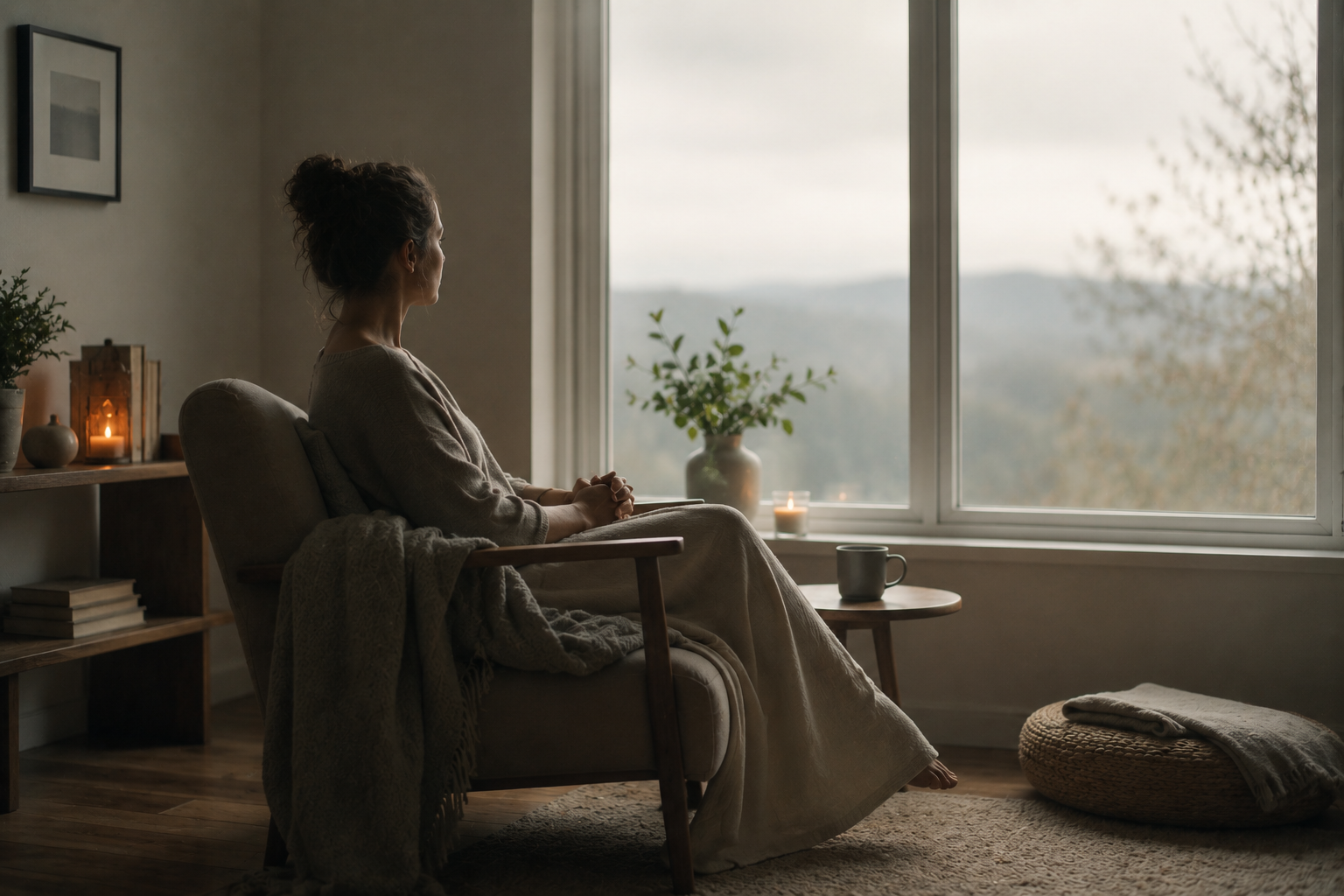 A person sitting in stillness beside a window with soft overcast light, hands folded, the room quiet and unhurried, representing the integration rest that follows deep spiritual work