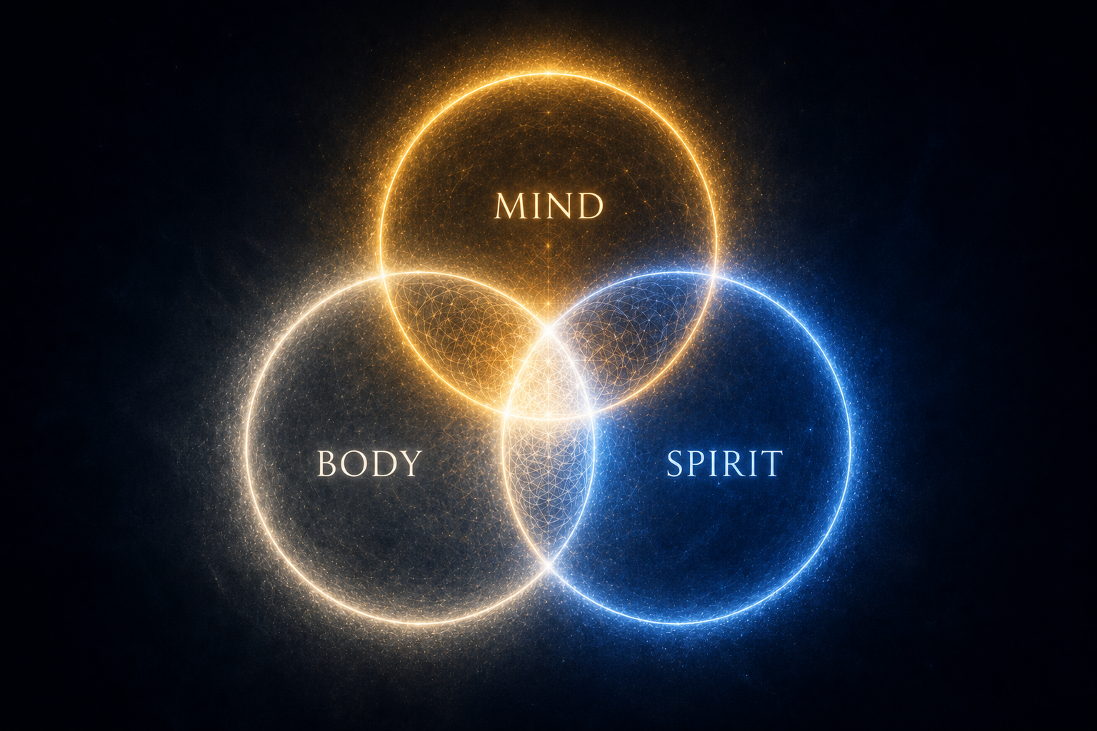 Three overlapping circles of soft light in gold, white, and blue against a dark background, representing the mind body and spirit as one interconnected frequency system