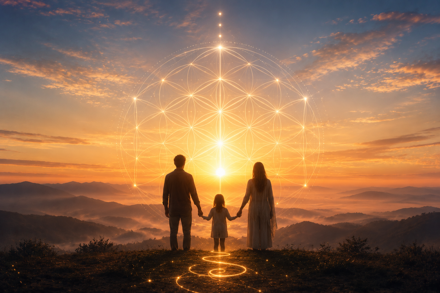 Dawn horizon with sacred geometry light representing generational healing and breaking family patterns through conscious parenting