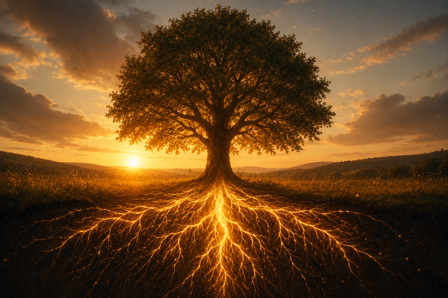 Tree with glowing roots at golden hour representing breaking generational cycles through frequency work and conscious parenting