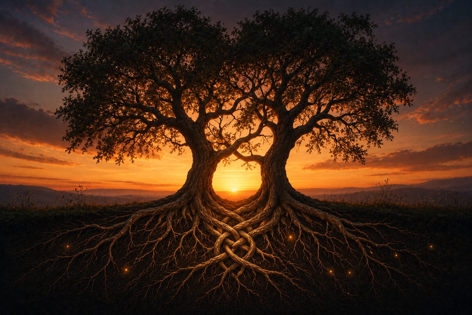 Two trees with intertwining roots at dusk representing generational trauma healing and what passes forward when frequency work interrupts old patterns