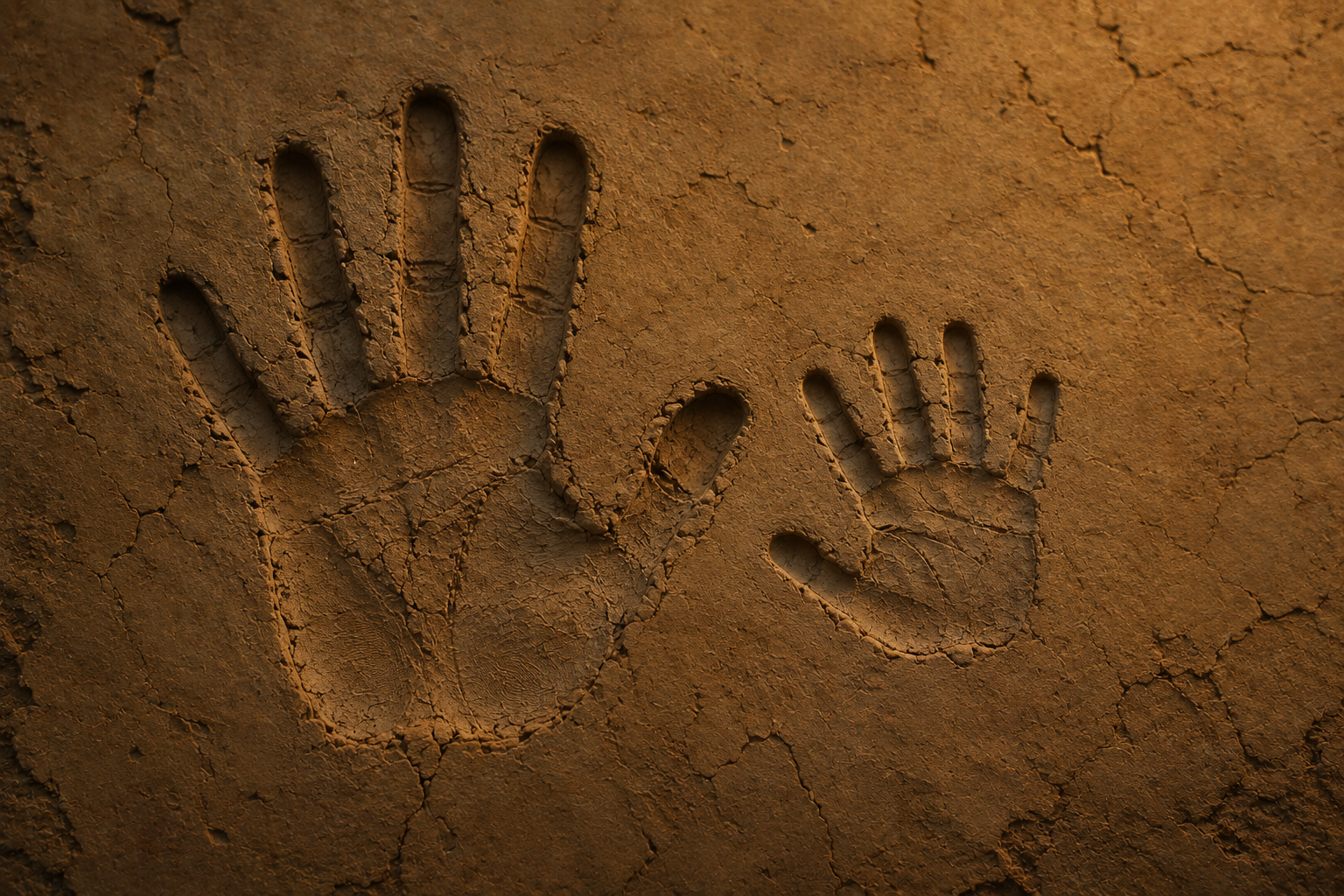 Child and adult handprints in clay representing the somatic imprint of growing up with emotionally immature parents and what the pattern leaves in the body