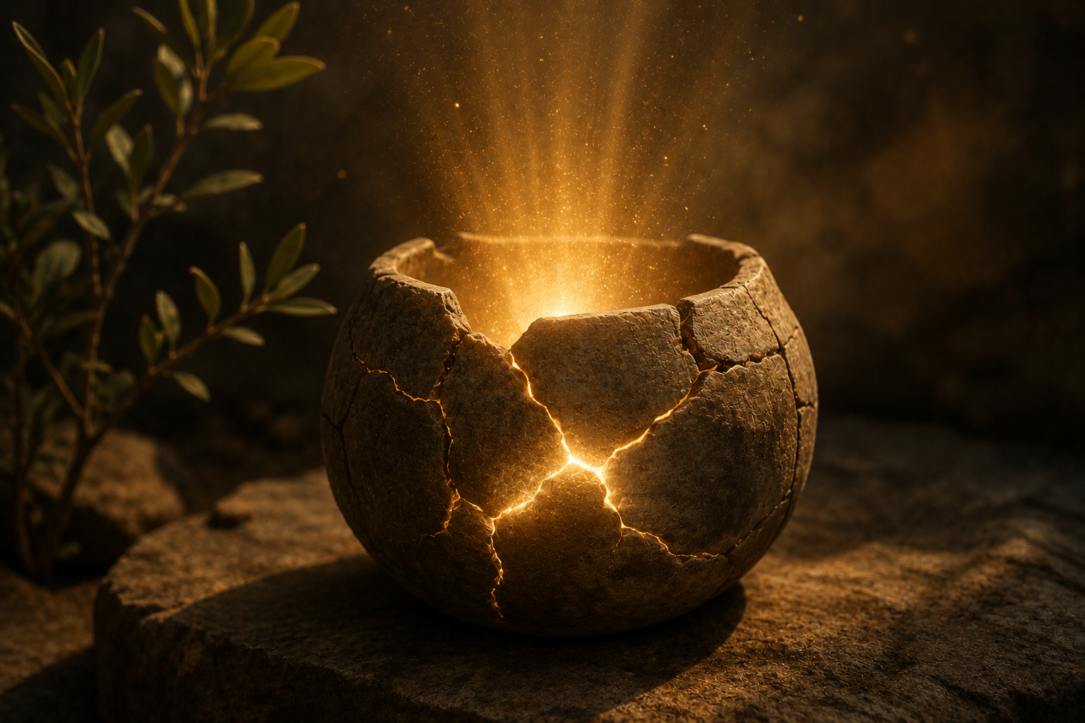 Cracked stone vessel glowing with light representing healing from emotionally immature parents and the frequency work that continues after therapy