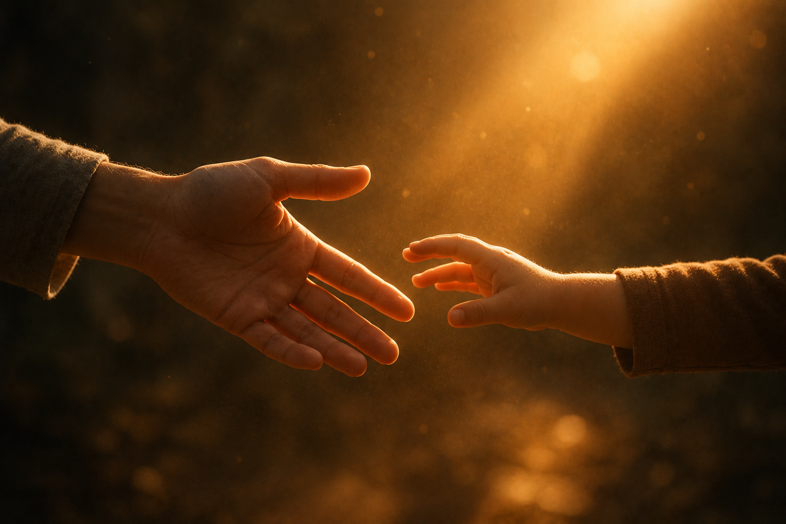 Two hands reaching toward each other in warm light representing attachment styles formed in childhood and what parents transmit to their children